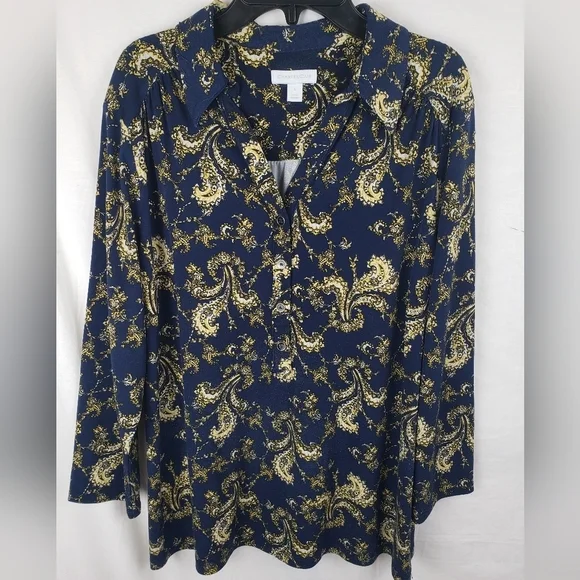 Charter Club Navy and Yellow Paisley Print Button Down Shirt Sz L - Picture 1 of 10